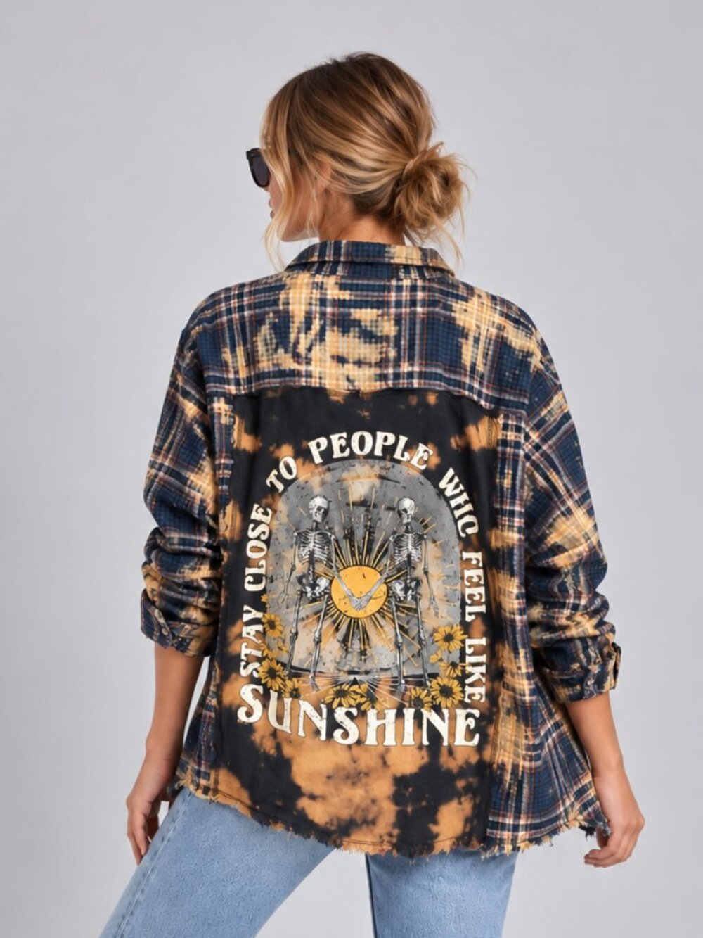 La La Land Creative Co XL Bleached Plaid Flannel Skeleton Graphic Shirt